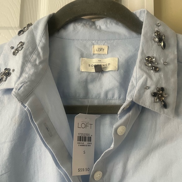 LOFT Jeweled Neck Button Down Fitted Blouse, Small - Picture 2 of 3